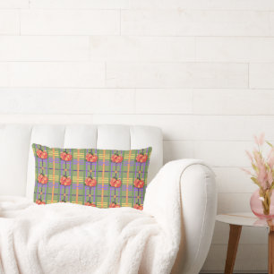 Orange Flowers on Moss Green Plaid Lumbar Pillow