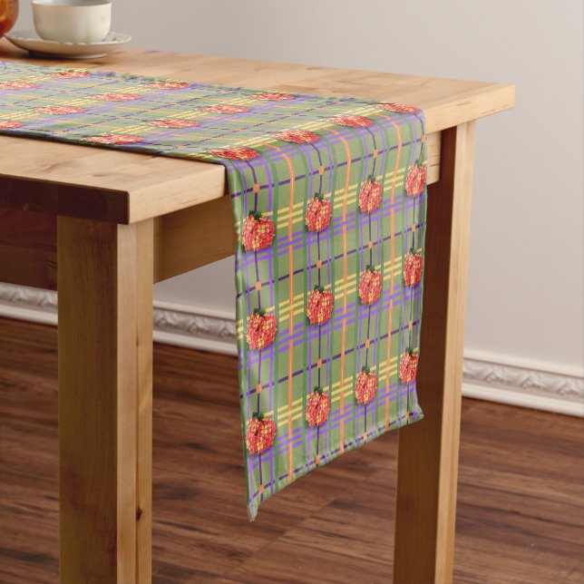 Orange Flowers on Moss Green Plaid Table Runner (In Situ)