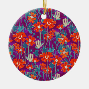 Orange flowers on purple throw pillow ceramic tree decoration