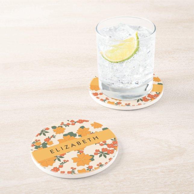 Orange Flowers, Pattern Of Flowers, Your Name Coaster (Side)