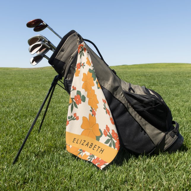 Orange Flowers, Pattern Of Flowers, Your Name Golf Towel (Green)