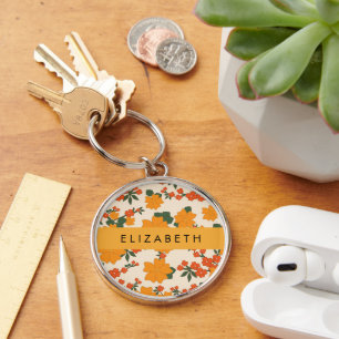 Orange Flowers, Pattern Of Flowers, Your Name Key Ring