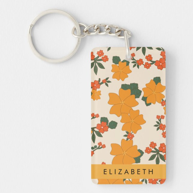 Orange Flowers, Pattern Of Flowers, Your Name Key Ring (Front)