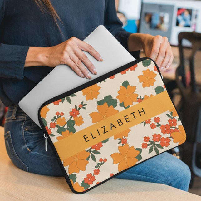 Orange Flowers, Pattern Of Flowers, Your Name Laptop Sleeve (Creator Uploaded)