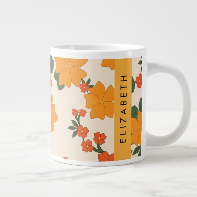 Orange Flowers, Pattern Of Flowers, Your Name Large Coffee Mug (Right)