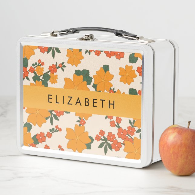 Orange Flowers, Pattern Of Flowers, Your Name Metal Lunch Box (In Situ)