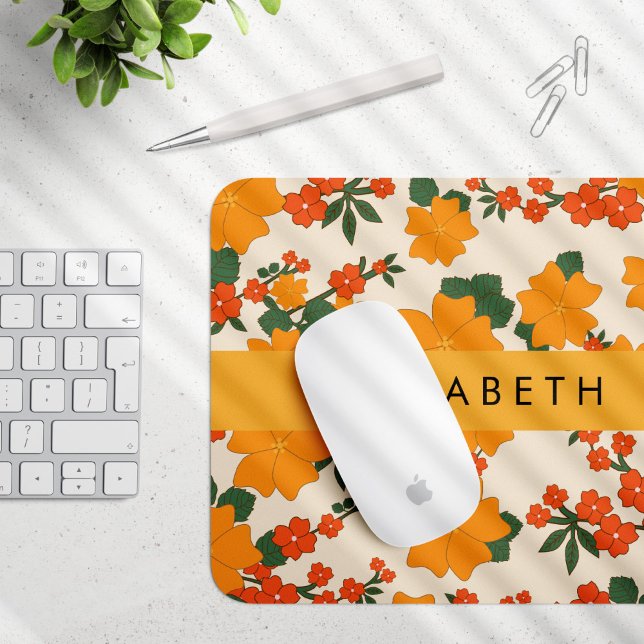 Orange Flowers, Pattern Of Flowers, Your Name Mouse Pad (Creator Uploaded)