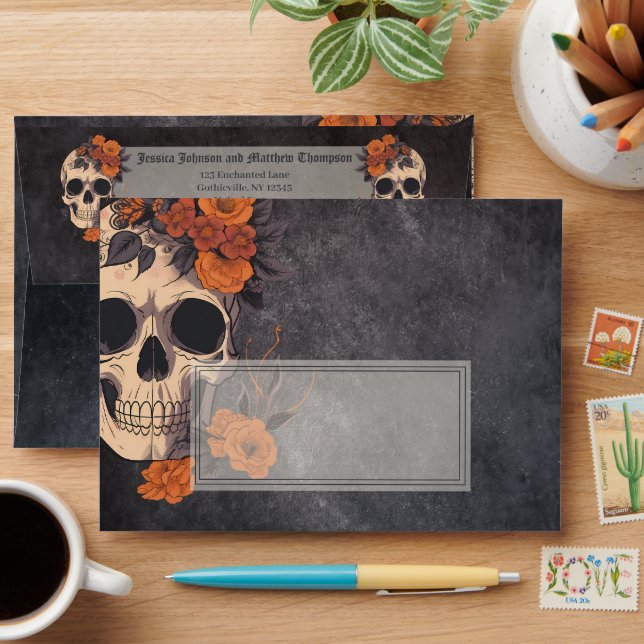 Orange Flowers Skull Elegant A7 - 5x7” invitation Envelope (Desk)