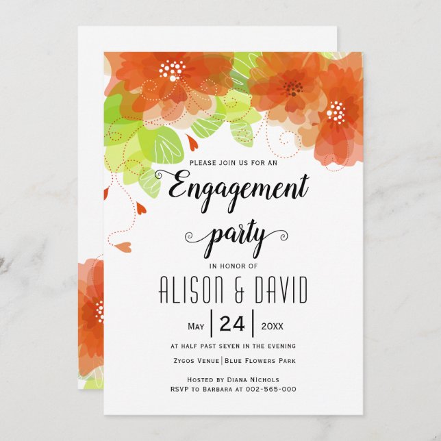 Orange flowers wedding engagemnet party invitation (Front/Back)