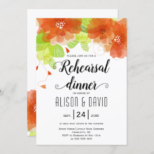 Orange flowers wedding rehearsal dinner invitation