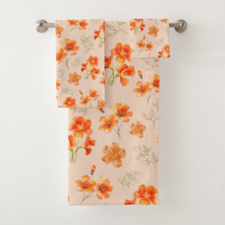 Orange Flowers with Green Leaves Bath Towel Set