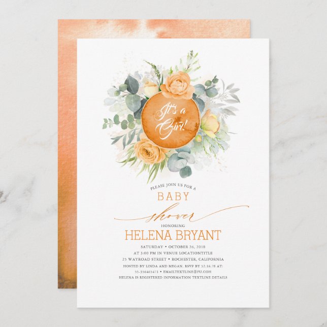 Orange Flowers Wreath Boho Fall Baby Shower Invitation (Front/Back)