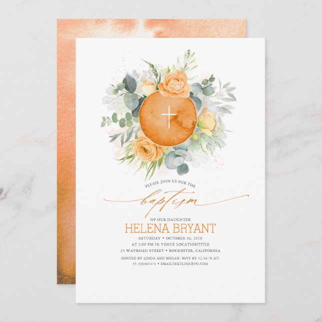 Orange Flowers Wreath Boho Fall Baptism Invitation (Front/Back)
