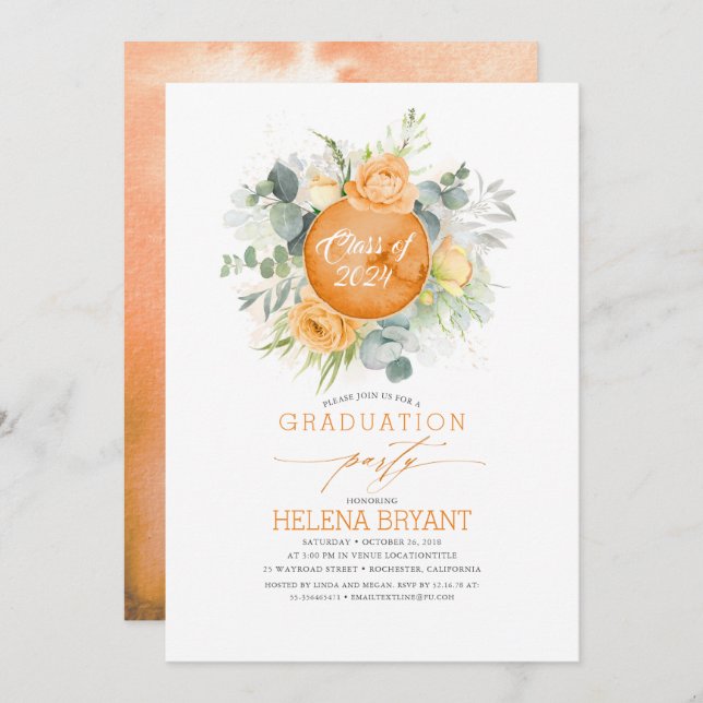 Orange Flowers Wreath Boho Fall Graduation Invitation (Front/Back)