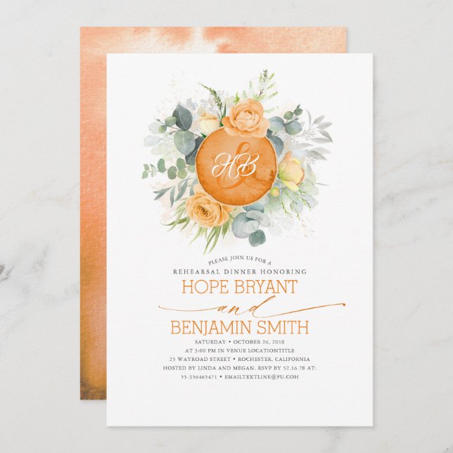 Orange Flowers Wreath Fall Rehearsal Dinner Invitation (Front/Back)