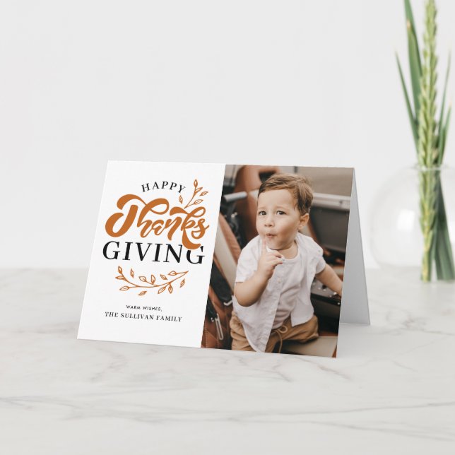 Orange Foliage Wreath Photo Happy Thanksgiving Holiday Card (Front)