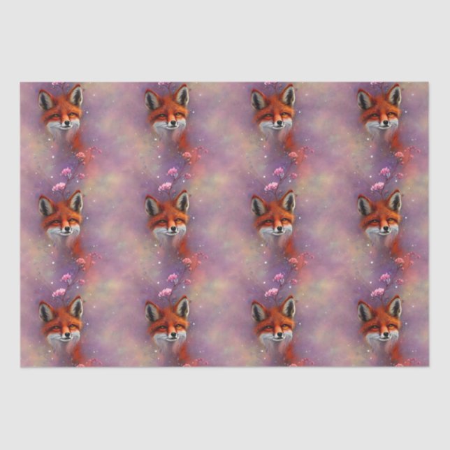 Orange Fox and Pink Flower Branch Tissue Paper  (Front)