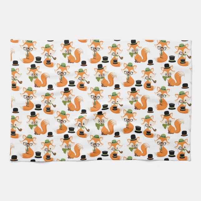 Orange Fox Autumn Trees Forest Hipster Glasses Fox Tea Towel (Horizontal)
