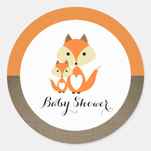 Orange Fox Burlap Baby Shower Classic Round Sticker