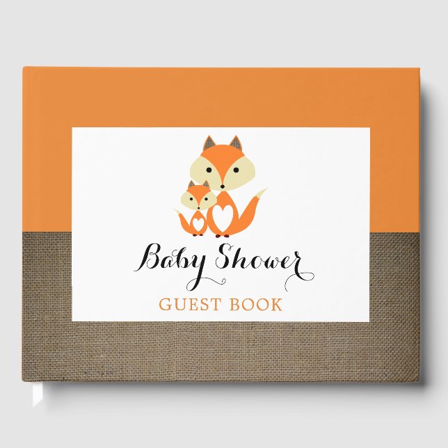 Orange Fox Burlap Baby Shower Guest Book (Front)