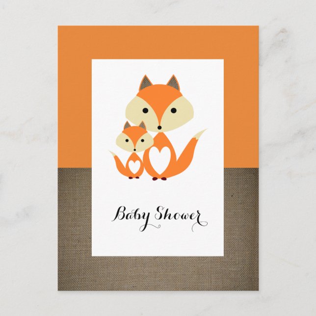 Orange Fox Burlap Baby Shower Invitation Postcard (Front)