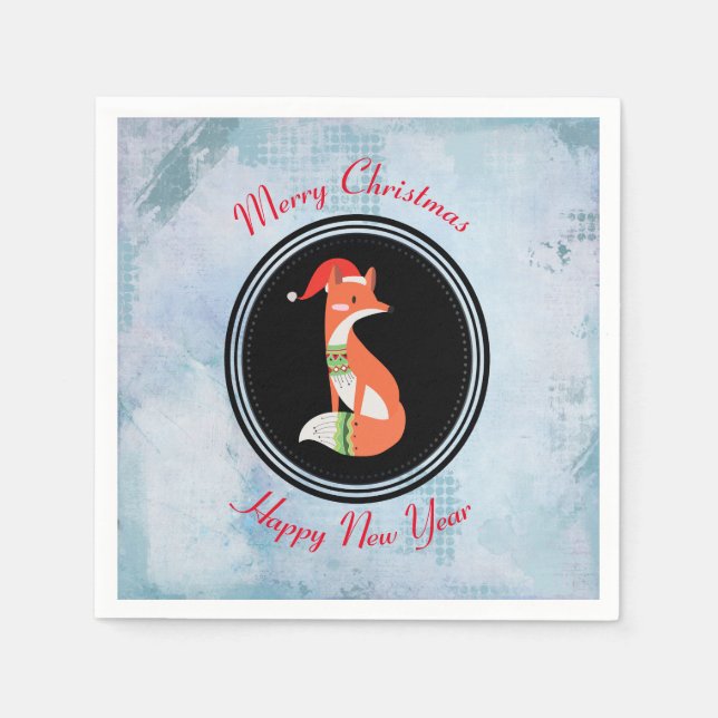 Orange Fox in Red Santa Hat Merry Christmas Napkin (Front)
