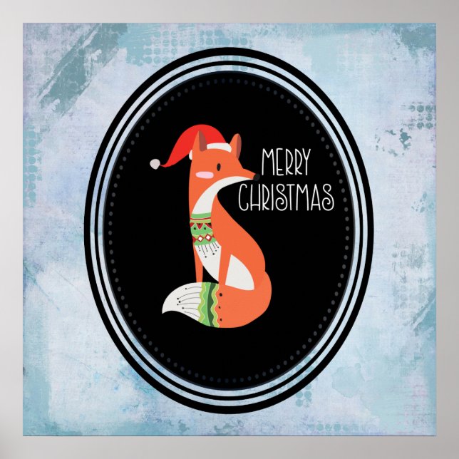Orange Fox in Red Santa Hat Merry Christmas Poster (Front)