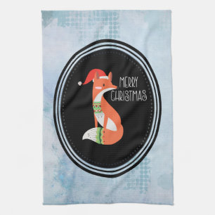Orange Fox in Red Santa Hat Merry Christmas Tea Towel