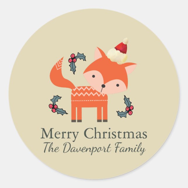 Orange Fox In Santa Hat Cute Whimsical Christmas Classic Round Sticker (Front)