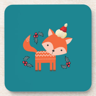 Orange Fox In Santa Hat Cute Whimsical Christmas Coaster