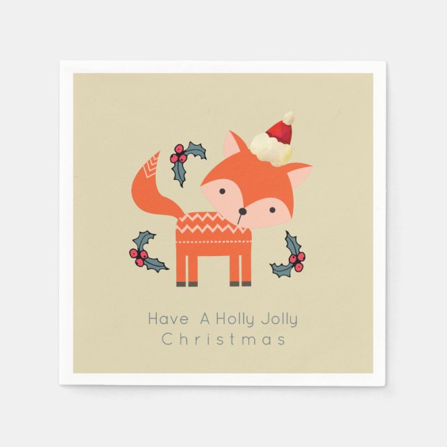 Orange Fox In Santa Hat Cute Whimsical Christmas Napkin (Front)