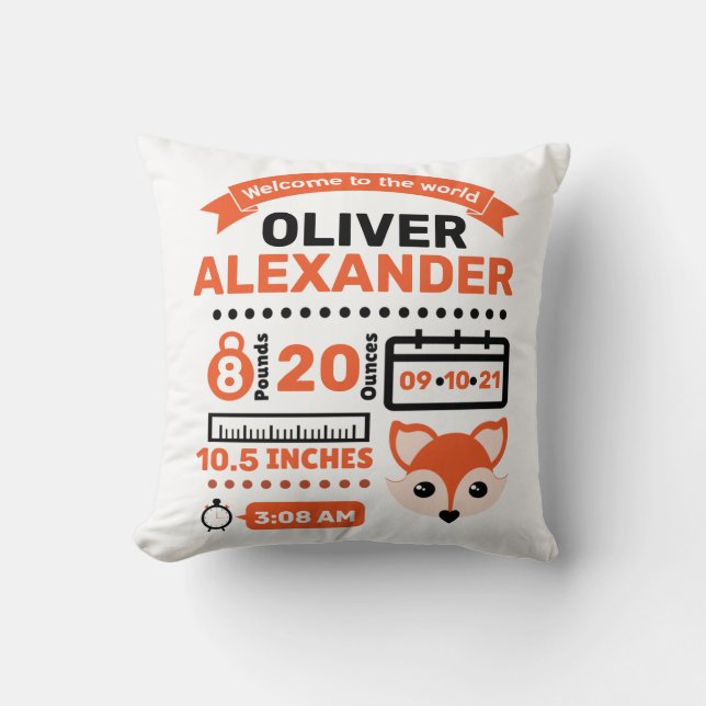 Orange Fox Newborn Baby Birth Stats Cushion (Front)