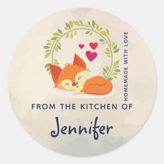 Orange Fox with Red Hearts Kitchen Baking Classic Round Sticker (Front)