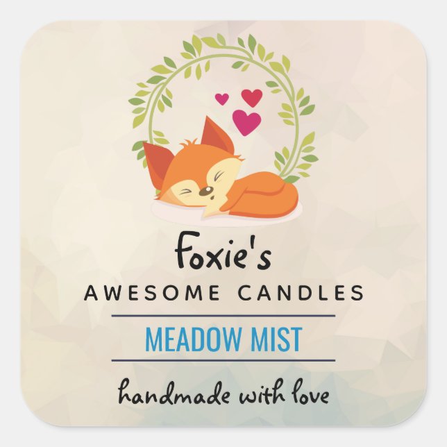 Orange Fox with Red Hearts Soap Candle Scent Square Sticker (Front)