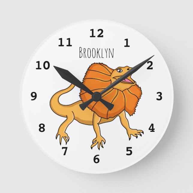 Orange frilled-neck lizard cartoon illustration round clock (Front)