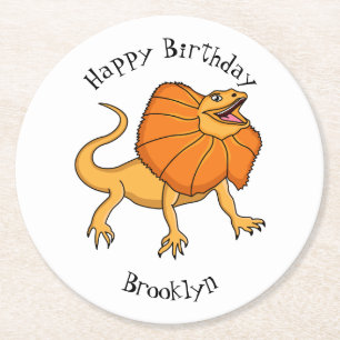 Orange frilled-neck lizard cartoon illustration round paper coaster