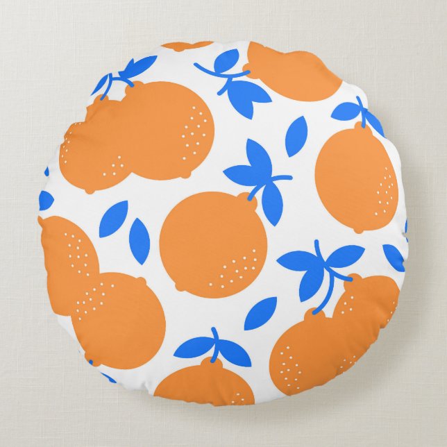 Orange Fruit: Exquisite Blue-Twigged Pattern. Round Cushion (Front)