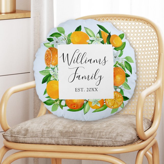 Orange Fruits and Flowers Summer Floral botanical Round Cushion (In situ)