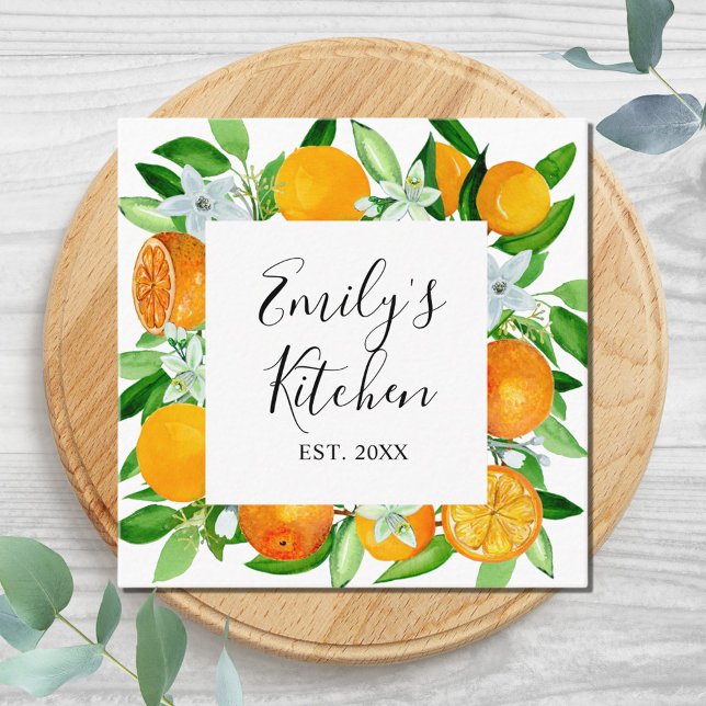 Orange Fruits and Flowers Summer Floral botanical Square Business Card (Close up front)