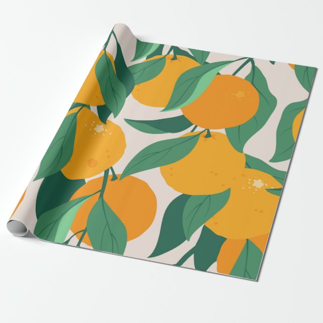Orange fruits and leaves seamless pattern wrapping paper (Unrolled)