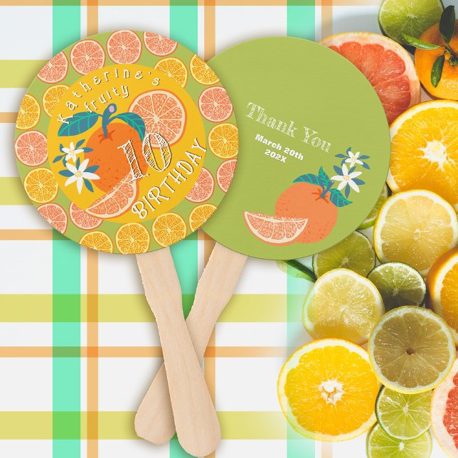 Orange Fruity 10th  Birthday Green Hand Fan (Orange Fruity Birthday Hand Fan.)