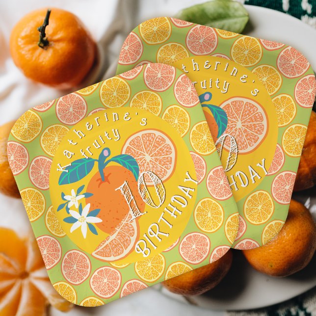 Orange Fruity 10th Birthday Paper Plate (Orange Fruity Birthday Party Plate.)
