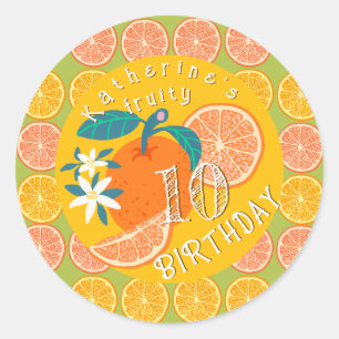 Orange Fruity Birthday Green Classic Round Sticker