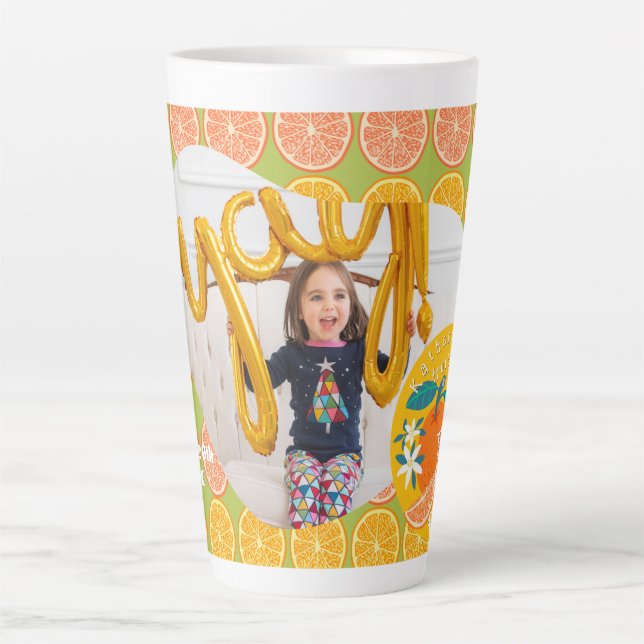 Orange Fruity Birthday Green Photo Latte Mug (Front)
