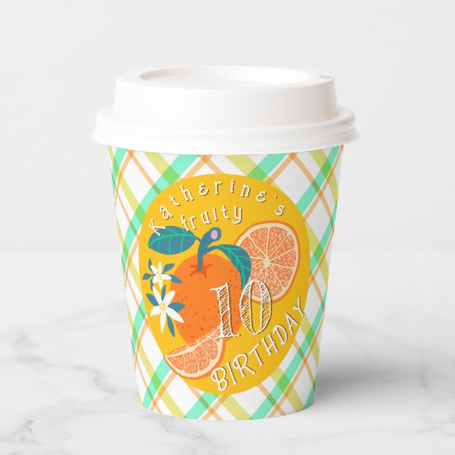 Orange Fruity Birthday Plaid Paper Cups (Front)