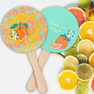 Orange Fruity Birthday Teal Hand Fan