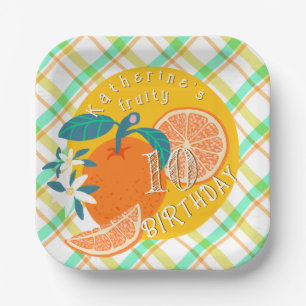 Orange Fruity Plaid  10th Birthday Paper Plate
