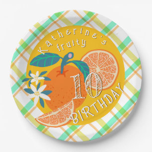 Orange Fruity Plaid 10th  Birthday Paper Plate