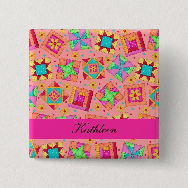 Orange Fuchsia Patchwork Quilt Blocks Name Badge (Front)