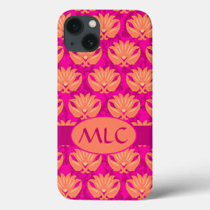 Orange Fuchsia Pink Art Nouveau Damask Monogram iPhone 13 Case